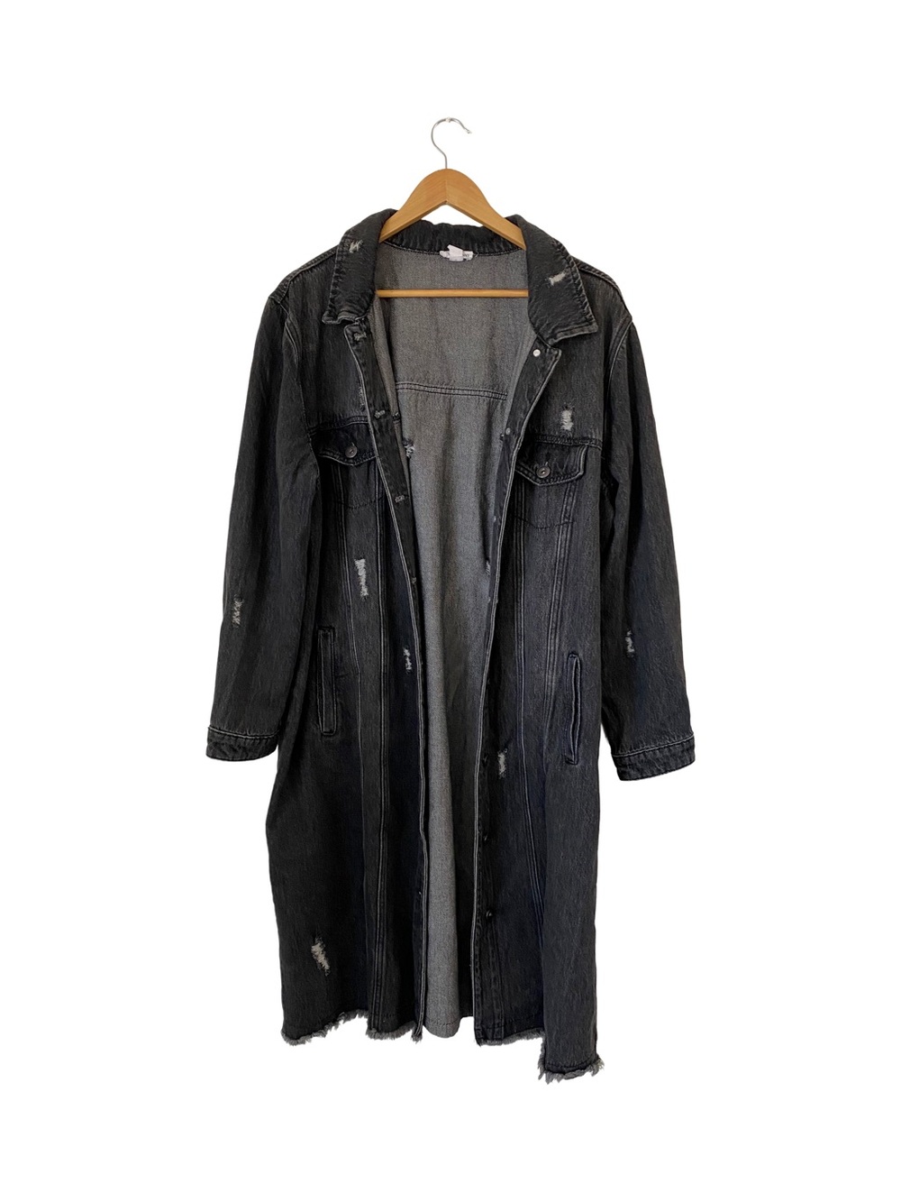 TRIBAL JEANS | Long Distressed Black Denim Coat with Fringe 100% Cotton XL
